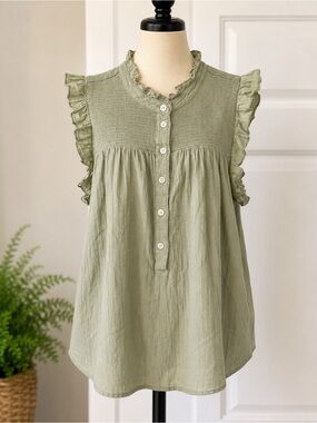 J.Crew Sage Green Smocked Ruffle Sleeveless Cotton Blouse Medium
